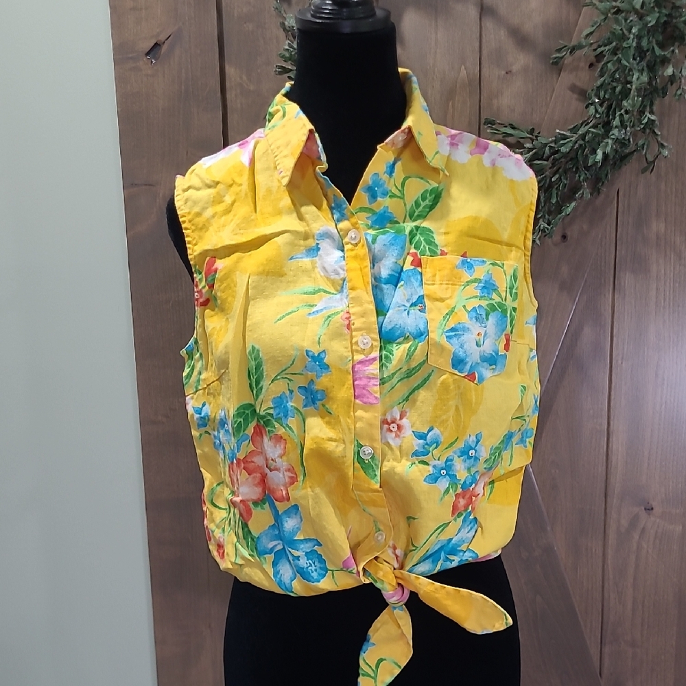 Lauren Ralph Lauren Linen Sleeveless Tropical Aloha DreHawaiian Tie Top Yellow M